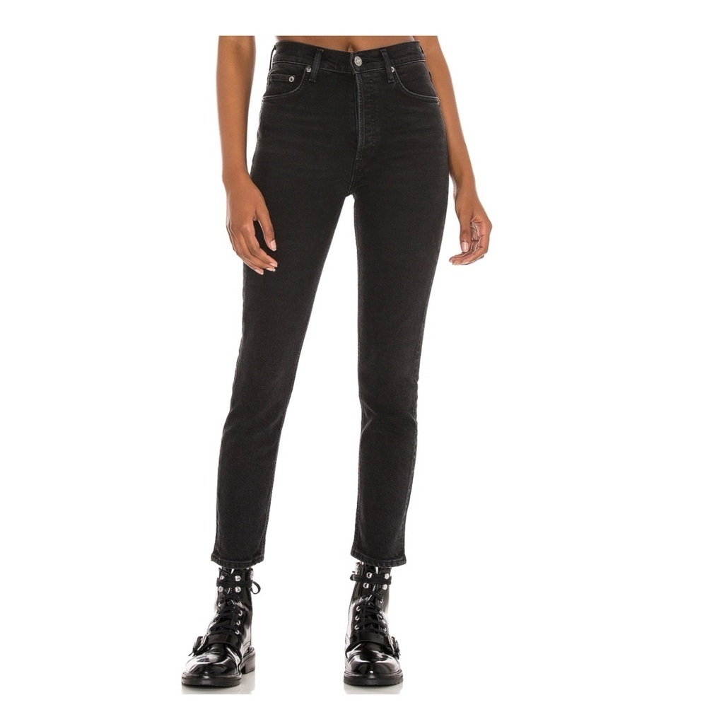 Agolde | High Waist Raw Hem Cropped Black Denim Nico Jeans | 25